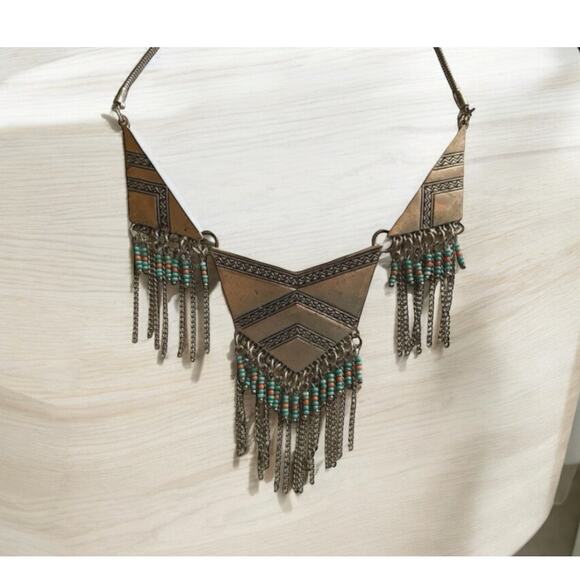 SouthWestern Style Necklace Silver tone Blues and orange Beads chains Accents - Picture 1 of 3